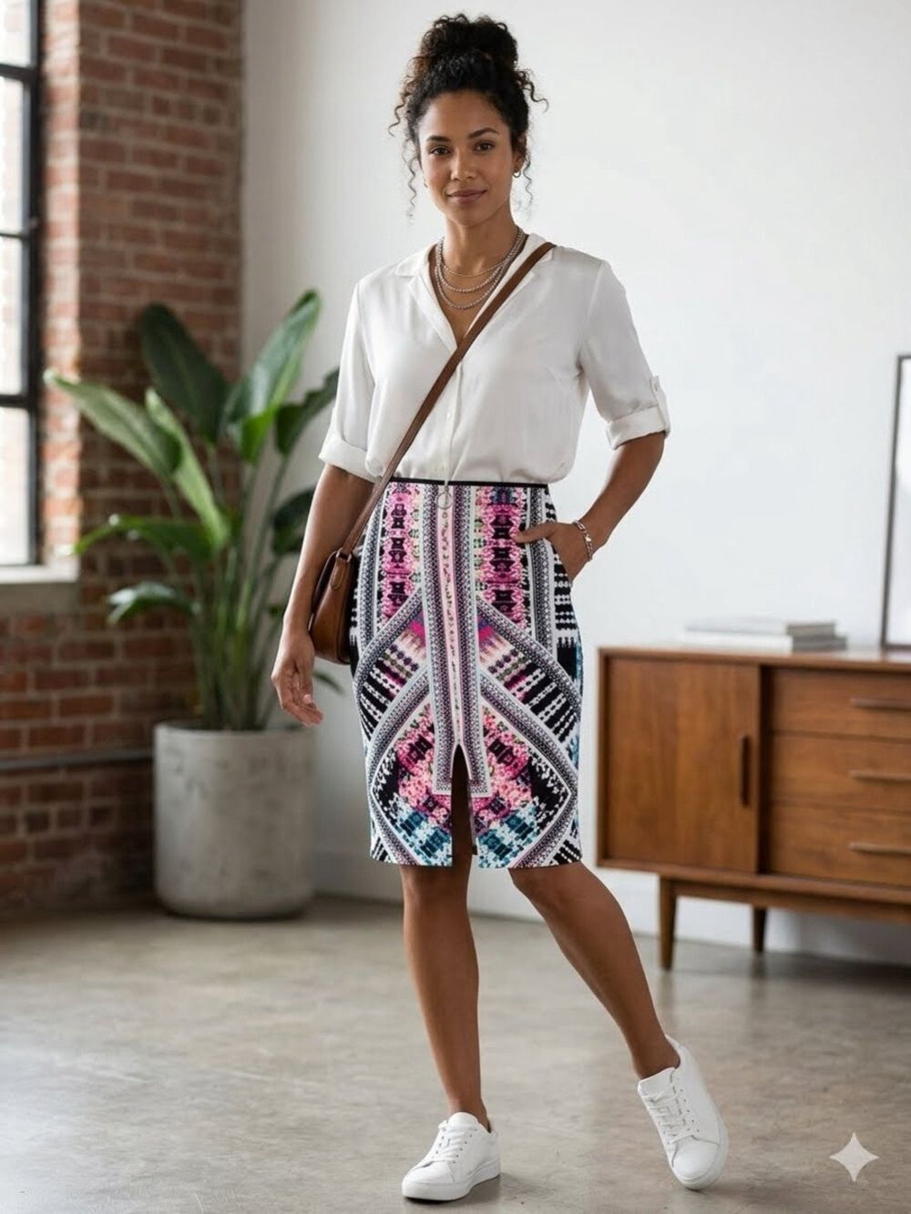 52. Bisou Bisou Pink Multi Printed Pencil Skirt with Front Slit